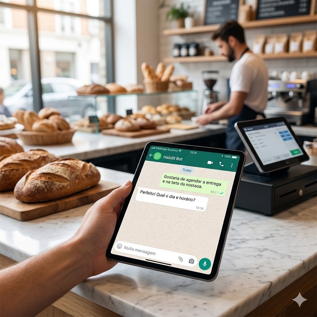 Tablet com WhatsApp automatizado em uma padaria
